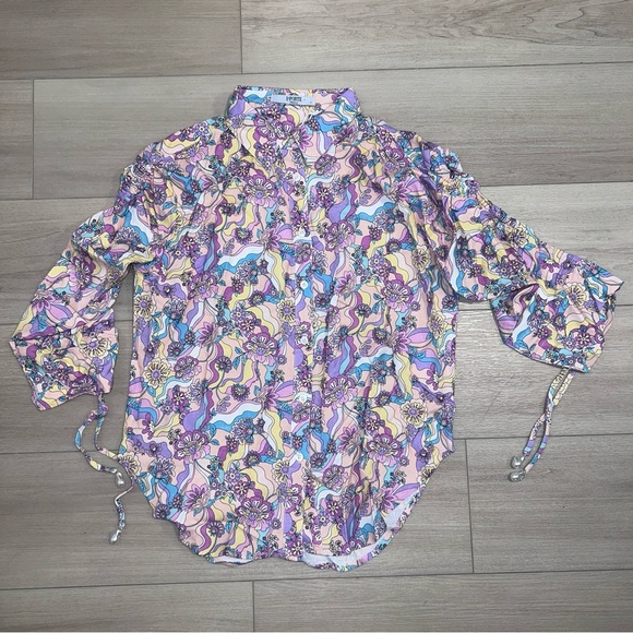 NEW LA PORTE Multicolor Swirl Print Linen Shirt Top Paperbag Pants Set Small S - Picture 9 of 16